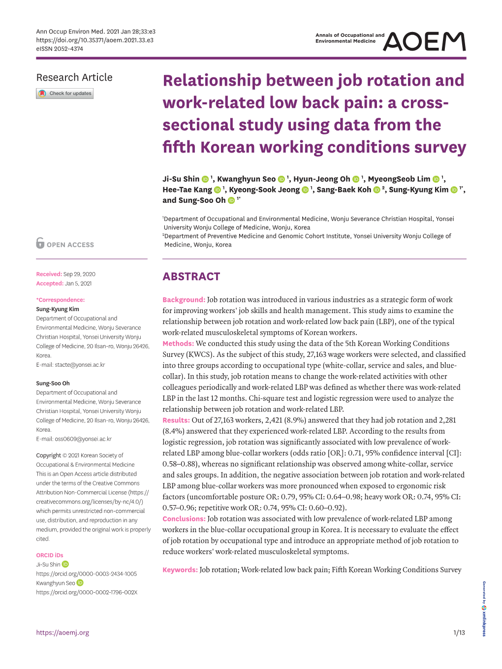 Relationship Between Job Rotation and Work-Related Low Back Pain: a Cross- Sectional Study Using Data from the Fifth Korean Working Conditions Survey