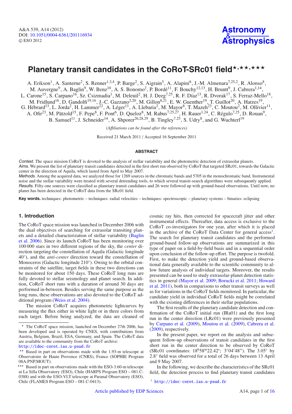 Planetary Transit Candidates in the Corot-Src01 Field⋆⋆⋆⋆⋆⋆