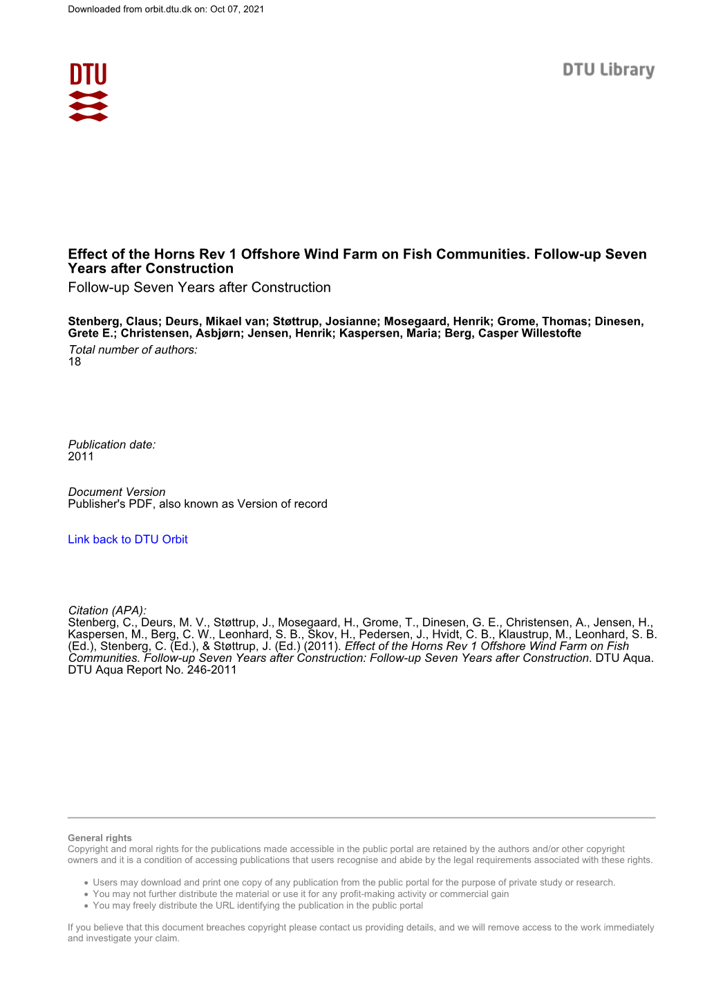 Effect of the Horns Rev 1 Offshore Wind Farm on Fish Communities