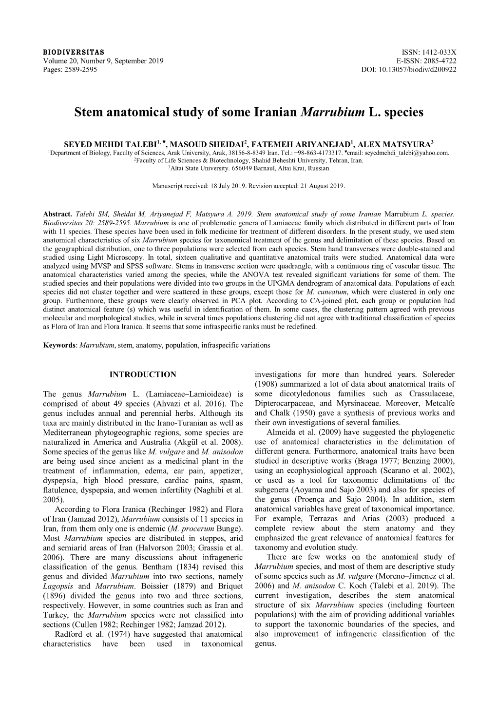 Stem Anatomical Study of Some Iranian Marrubium L. Species