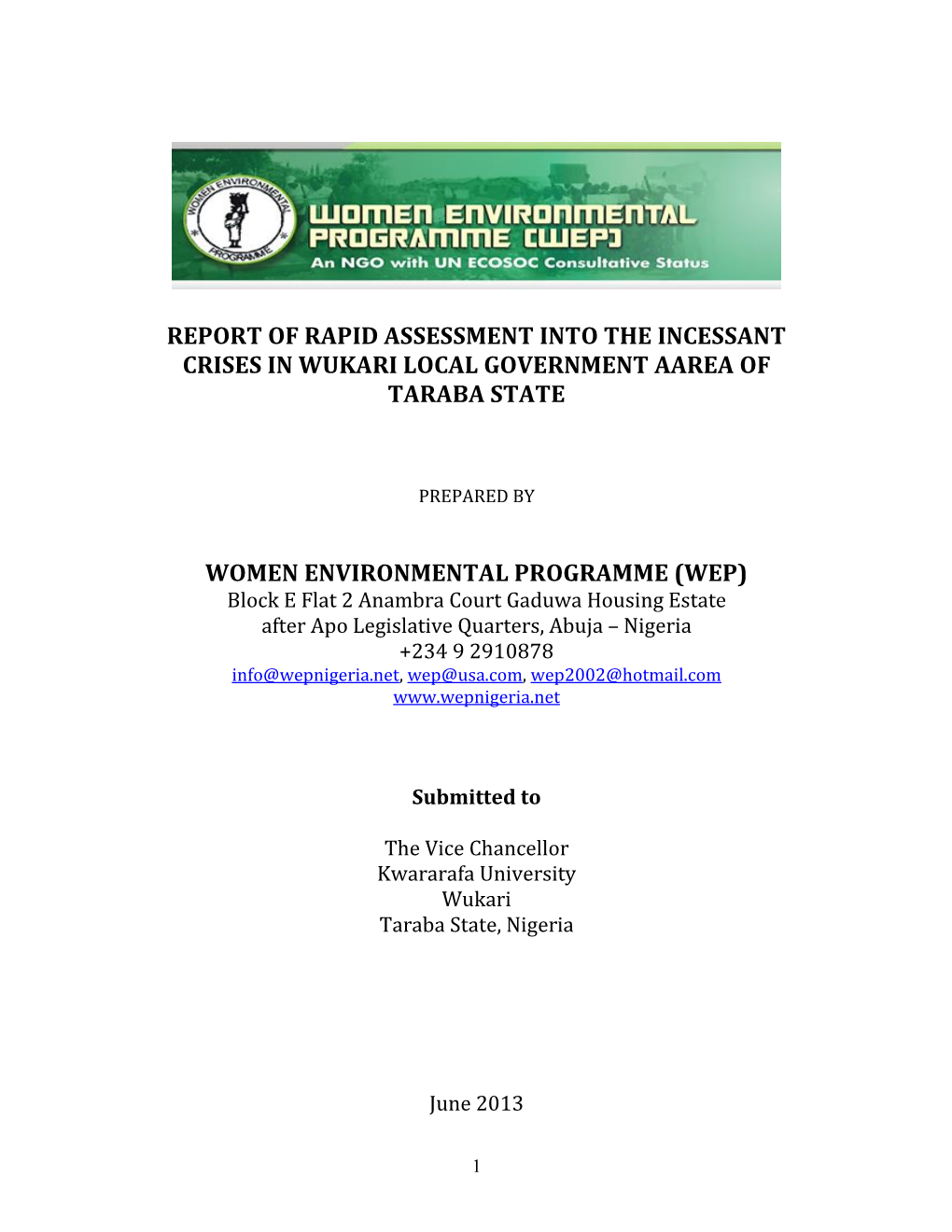 Report of Rapid Assessment Into the Incessant Crises in Wukari Local Government Aarea of Taraba State