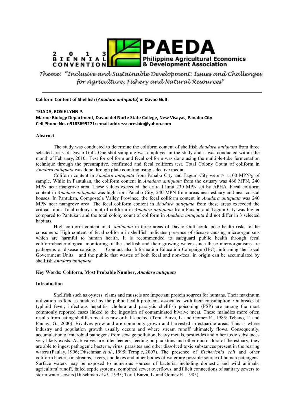 Coliform Content of Shellfish (Anadara Antiquata) in Davao Gulf