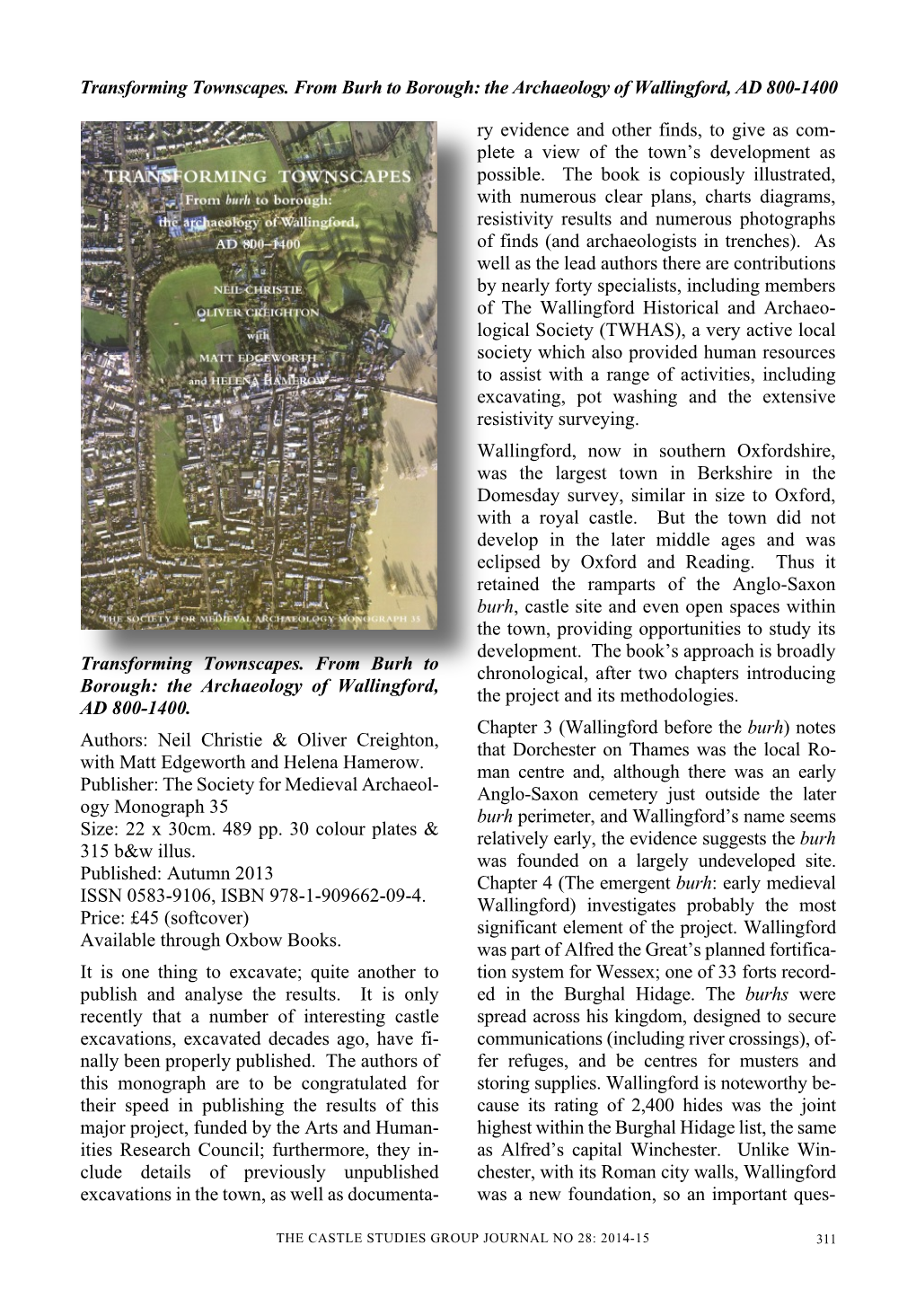 Transforming Townscapes. from Burh to Borough: the Archaeology of Wallingford, AD 800-1400