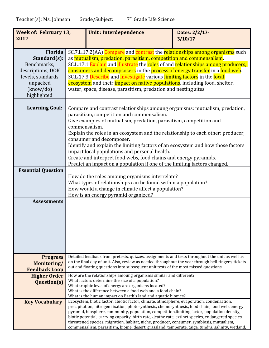 Teacher(S): Ms. Johnson Grade/Subject: 7Th Grade Life Science