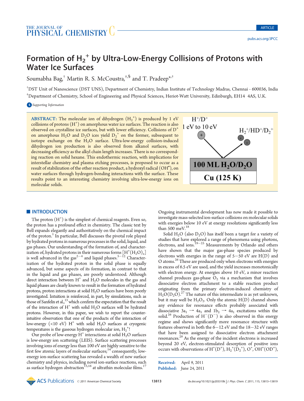 Formation of H2 by Ultra-Low-Energy Collisions of Protons with Water Ice Surfaces † ‡ § † Soumabha Bag, Martin R