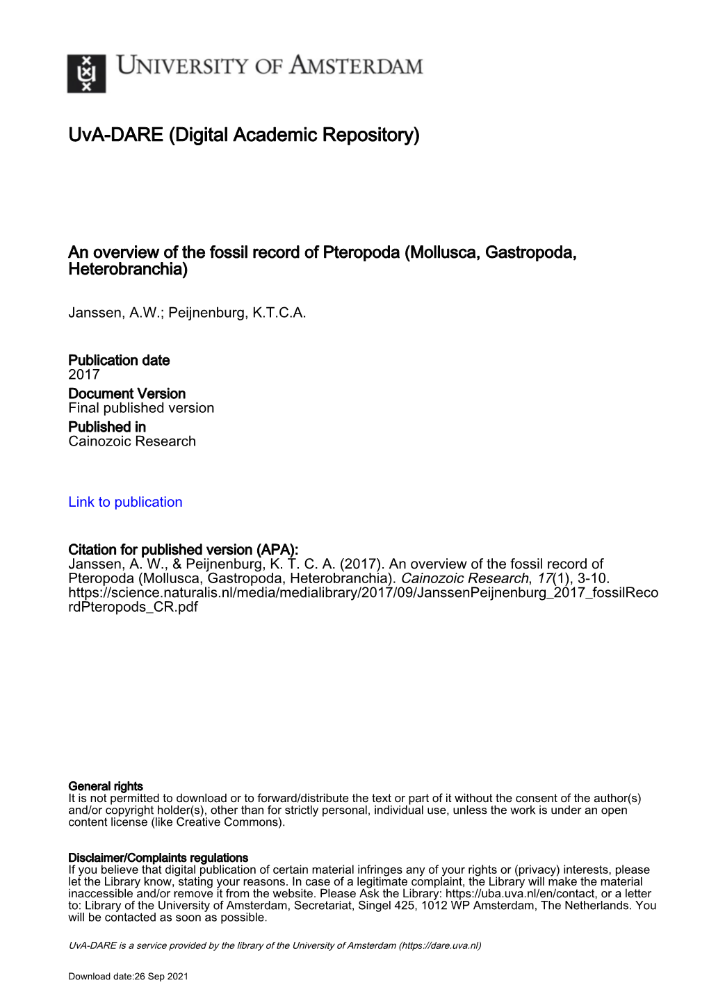 An Overview of the Fossil Record of Pteropoda (Mollusca, Gastropoda, Heterobranchia)