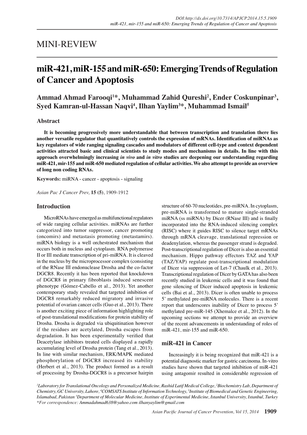 Mir-421, Mir-155 and Mir-650: Emerging Trends of Regulation of Cancer and Apoptosis