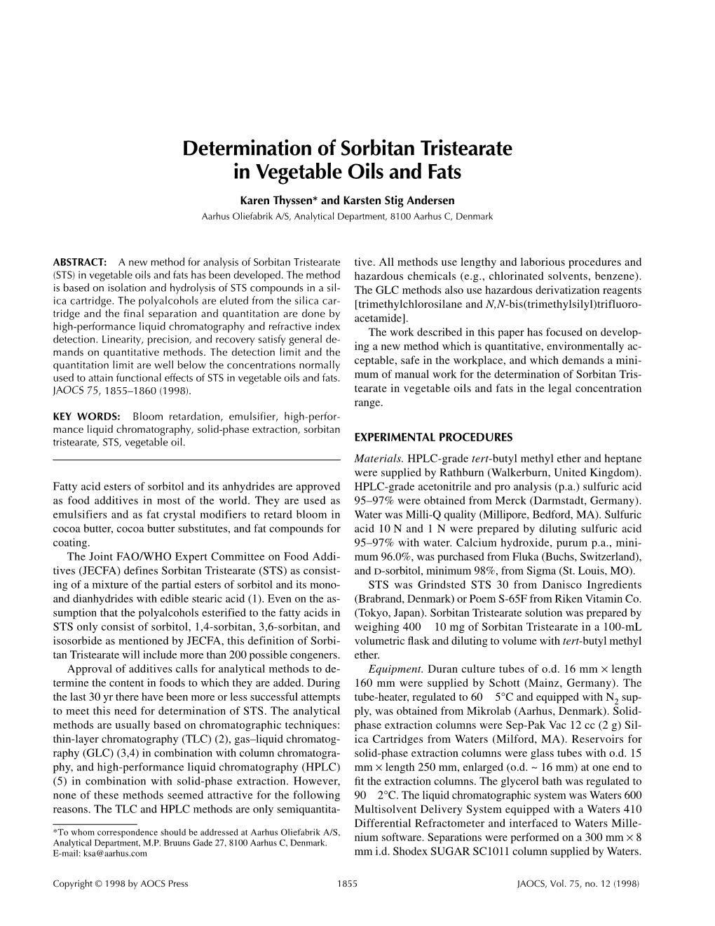 Determination of Sorbitan Tristearate in Vegetable Oils and Fats