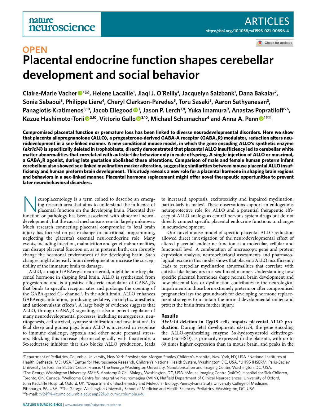 Placental Endocrine Function Shapes Cerebellar Development and Social Behavior