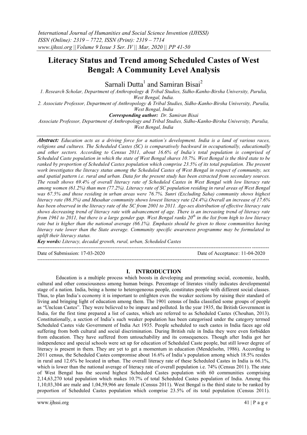 Literacy Status and Trend Among Scheduled Castes of West Bengal: a Community Level Analysis