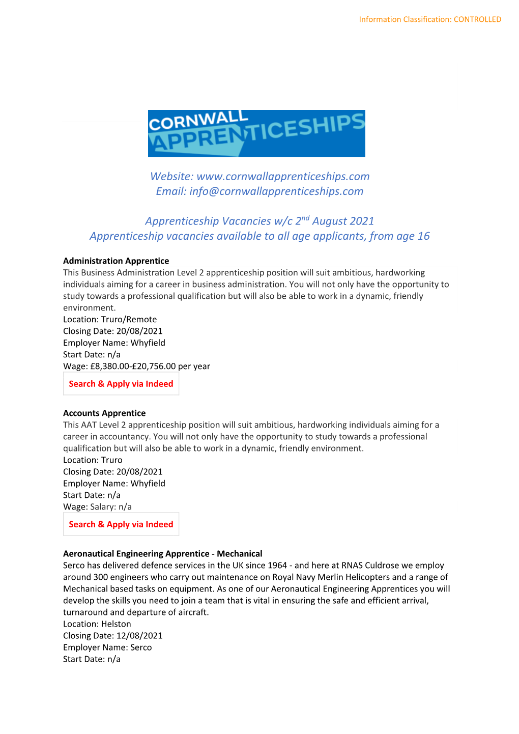 Website: Email: Info@Cornwallapprenticeships.Com Apprenticeship Vacancies W/C 2Nd August 2021 Ap