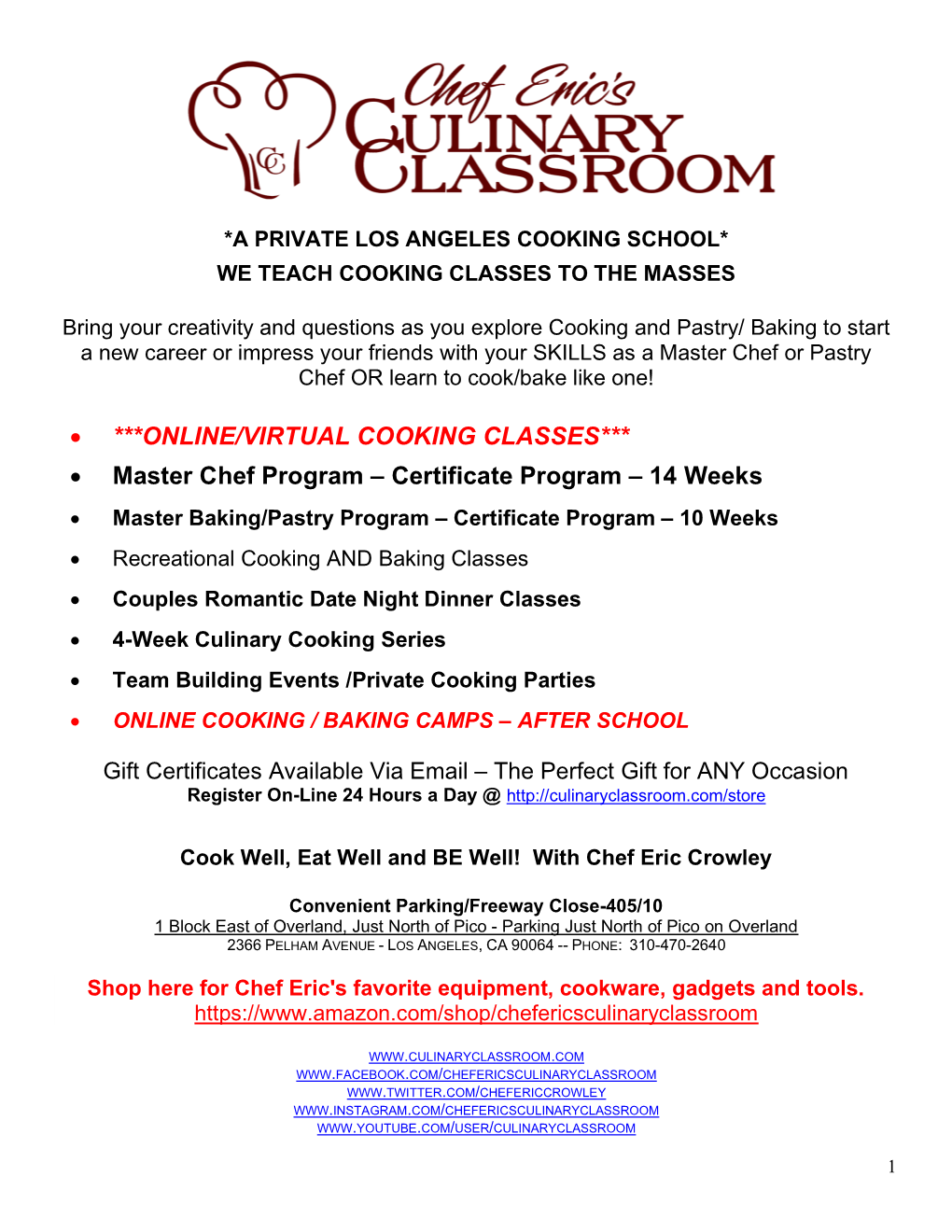 ONLINE/VIRTUAL COOKING CLASSES*** • Master Chef Program