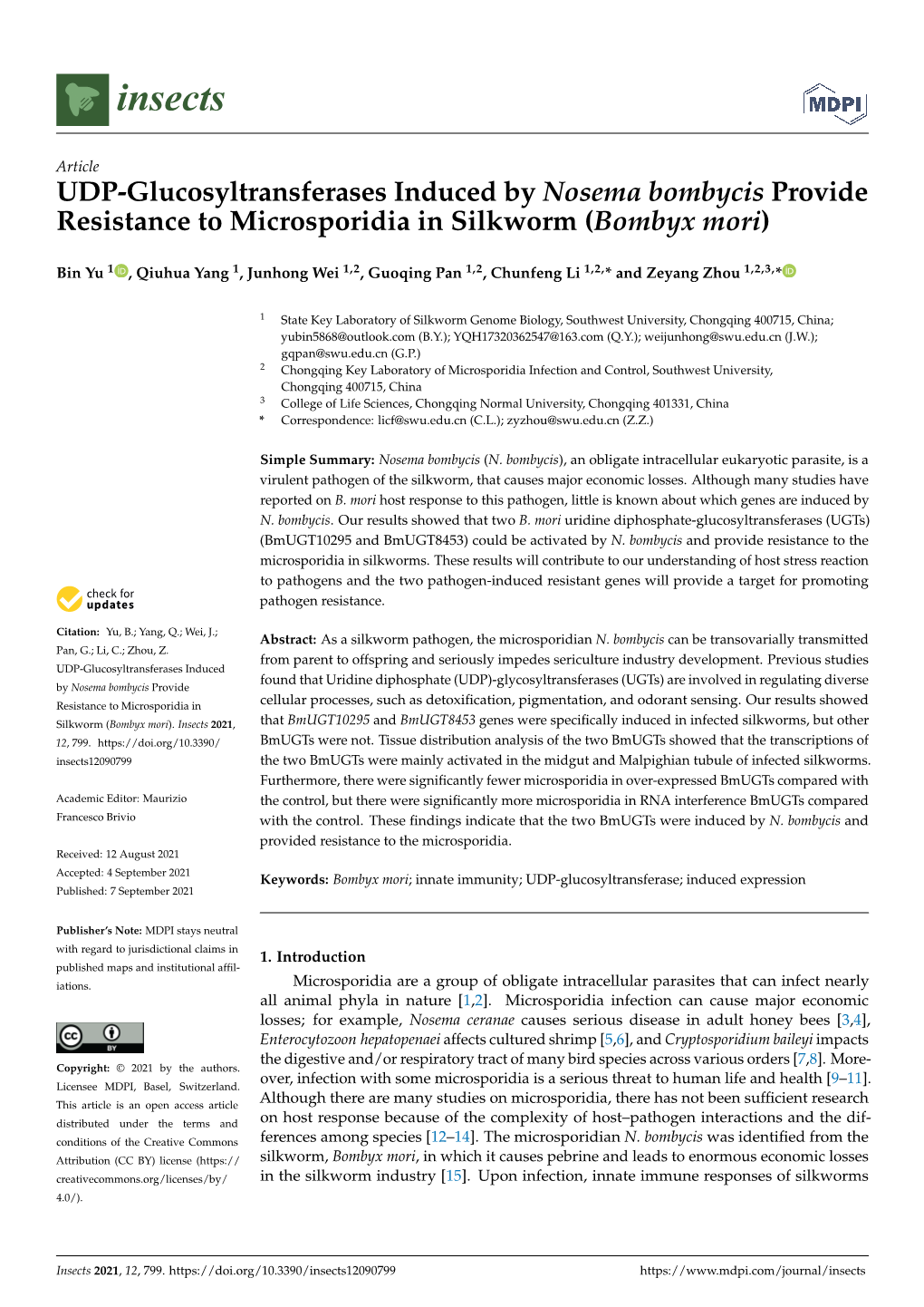 UDP-Glucosyltransferases Induced by Nosema Bombycis Provide Resistance to Microsporidia in Silkworm (Bombyx Mori)
