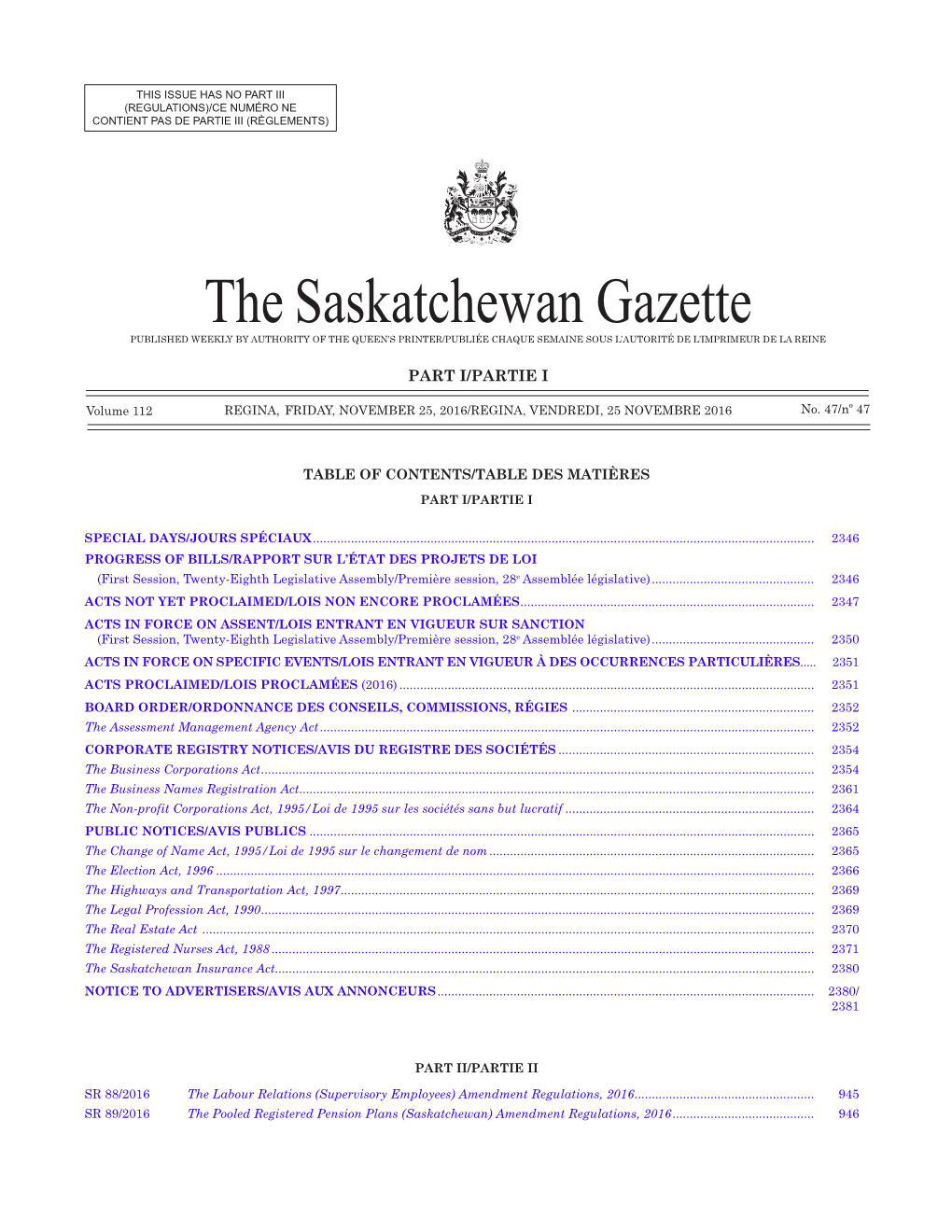 Gazette Part I, November 25, 2016