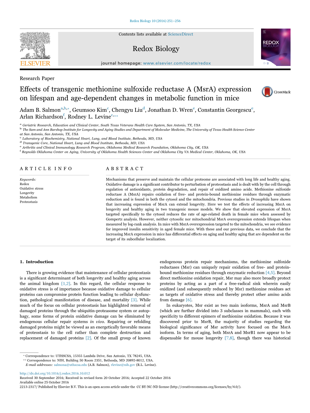 Effects of Transgenic Methionine Sulfoxide Reductase a (Msra