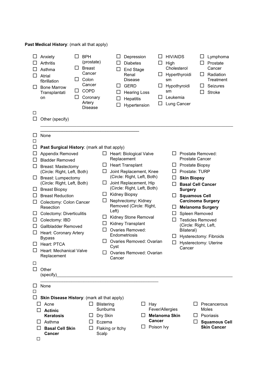 History and Intake Form