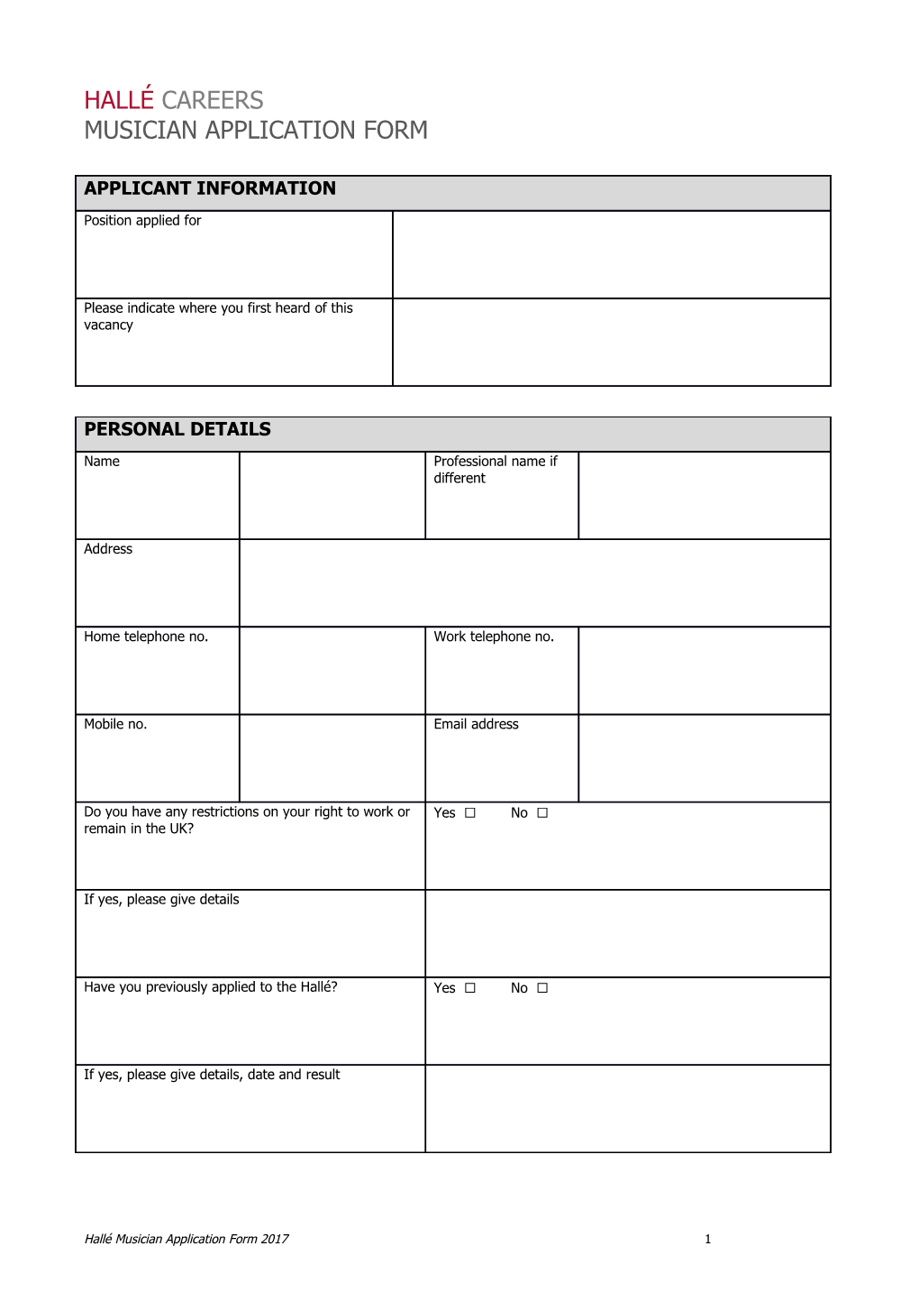 Hallé Careers Application Form