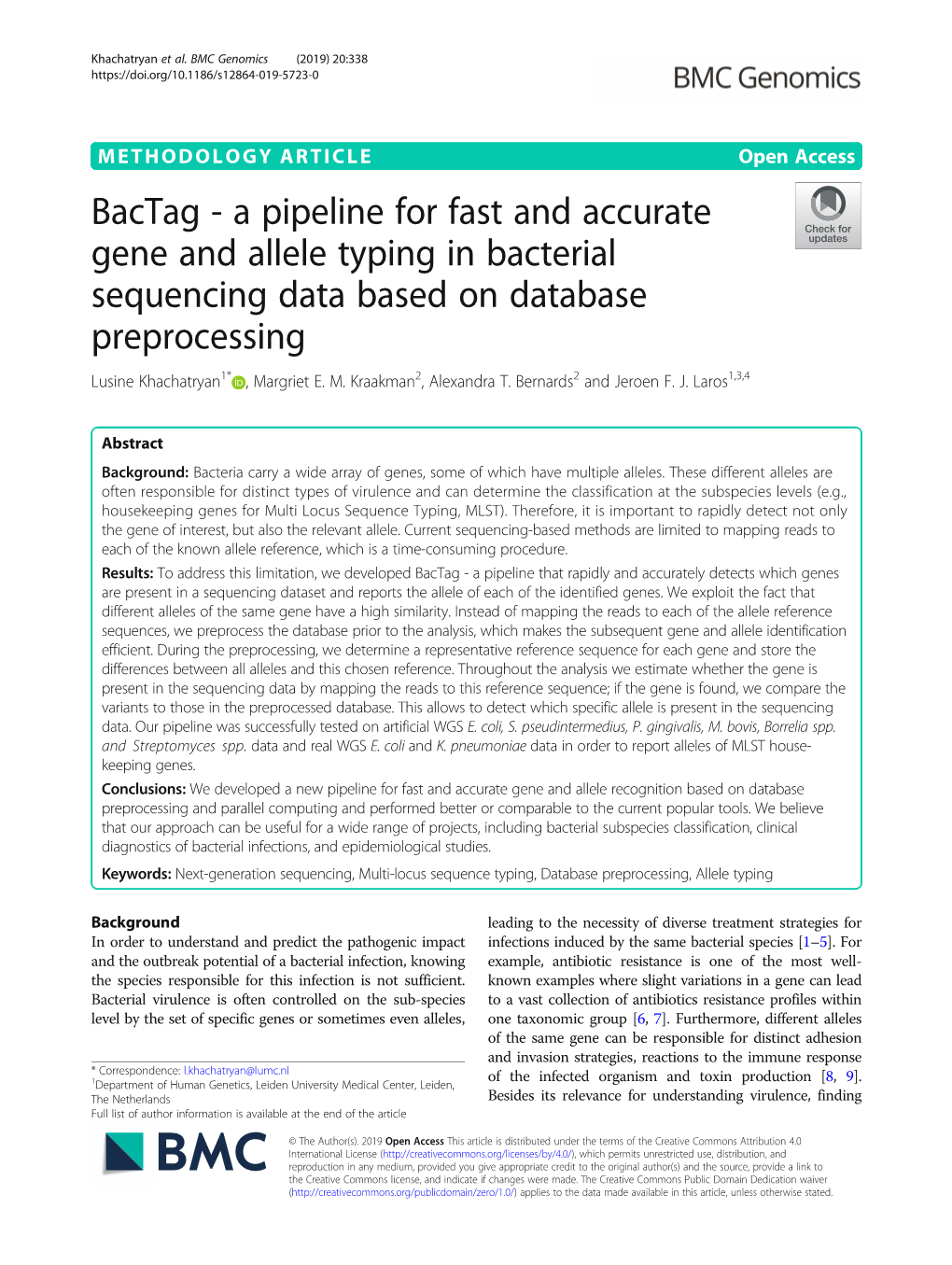 A Pipeline for Fast and Accurate Gene and Allele Typing in Bacterial Sequencing Data Based on Database Preprocessing Lusine Khachatryan1* , Margriet E