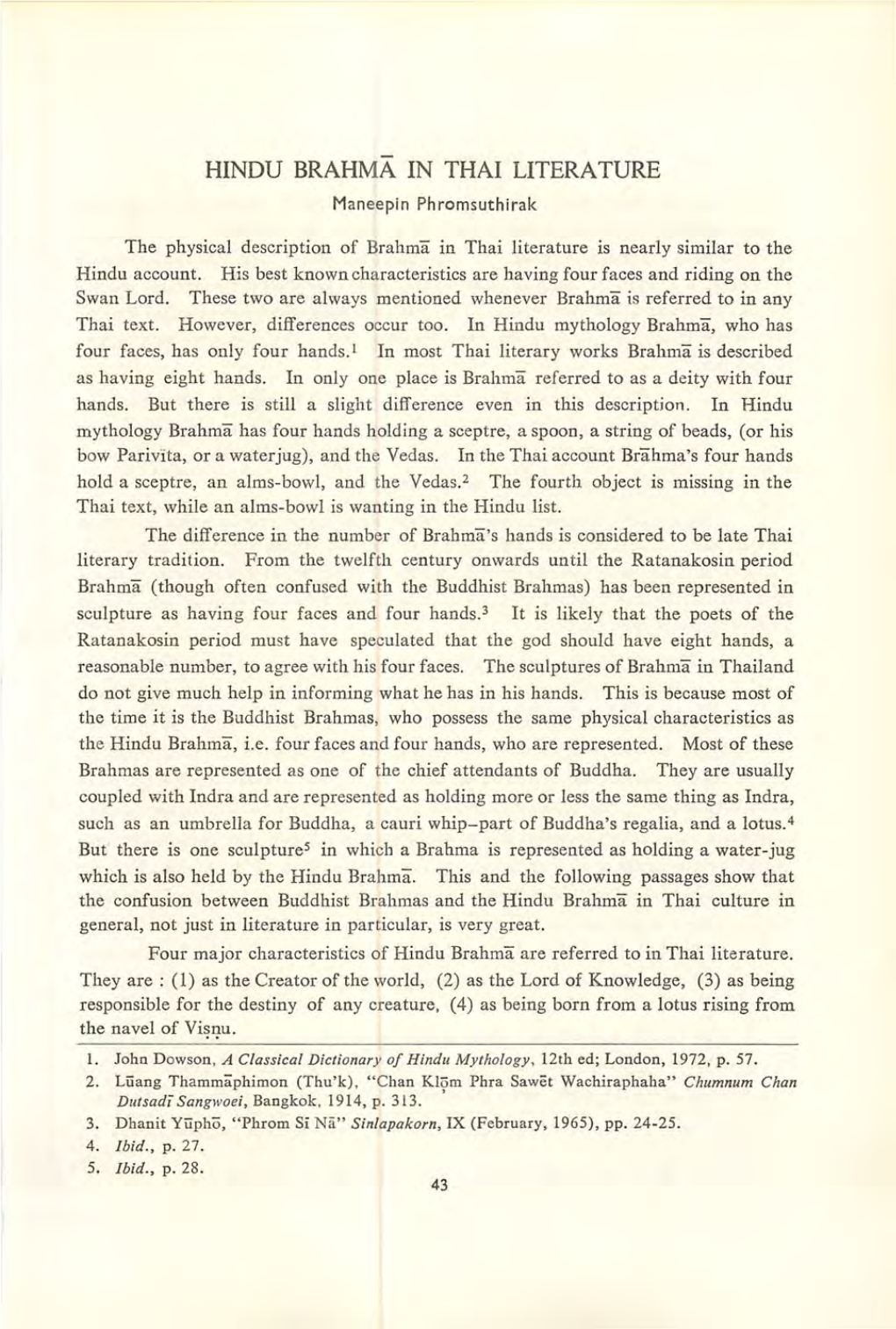 HINDU BRAHMA in THAI LITERATURE Maneepin Phromsuthirak