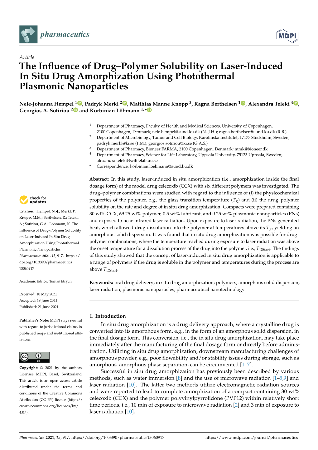 The Influence of Drug–Polymer Solubility on Laser-Induced in Situ Drug Amorphization Using Photothermal Plasmonic Nanoparticle