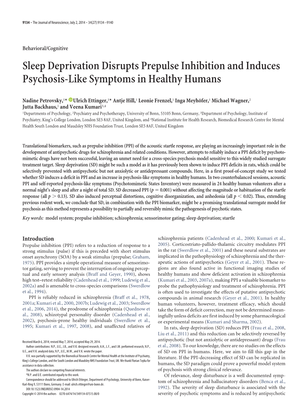 Sleep Deprivation Disrupts Prepulse Inhibition and Induces Psychosis-Like Symptoms in Healthy Humans