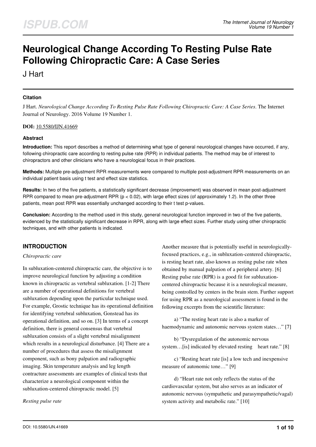 Neurological Change According to Resting Pulse Rate Following Chiropractic Care: a Case Series J Hart