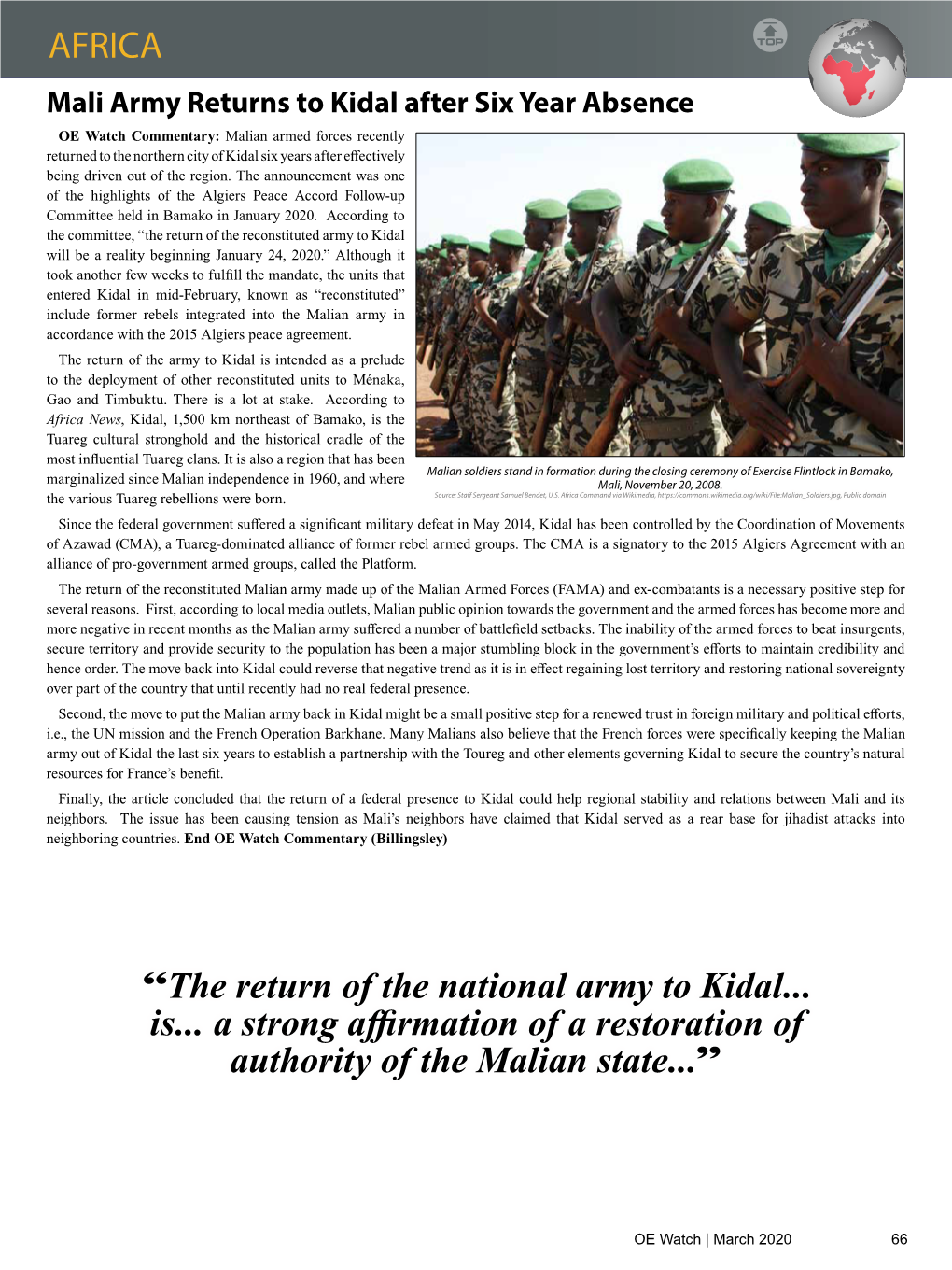 AFRICA “The Return of the National Army to Kidal... Is... a Strong