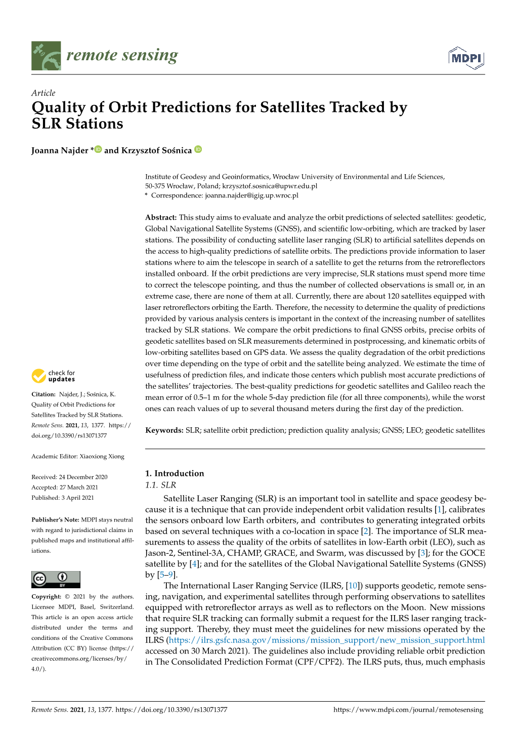 Quality of Orbit Predictions for Satellites Tracked by SLR Stations