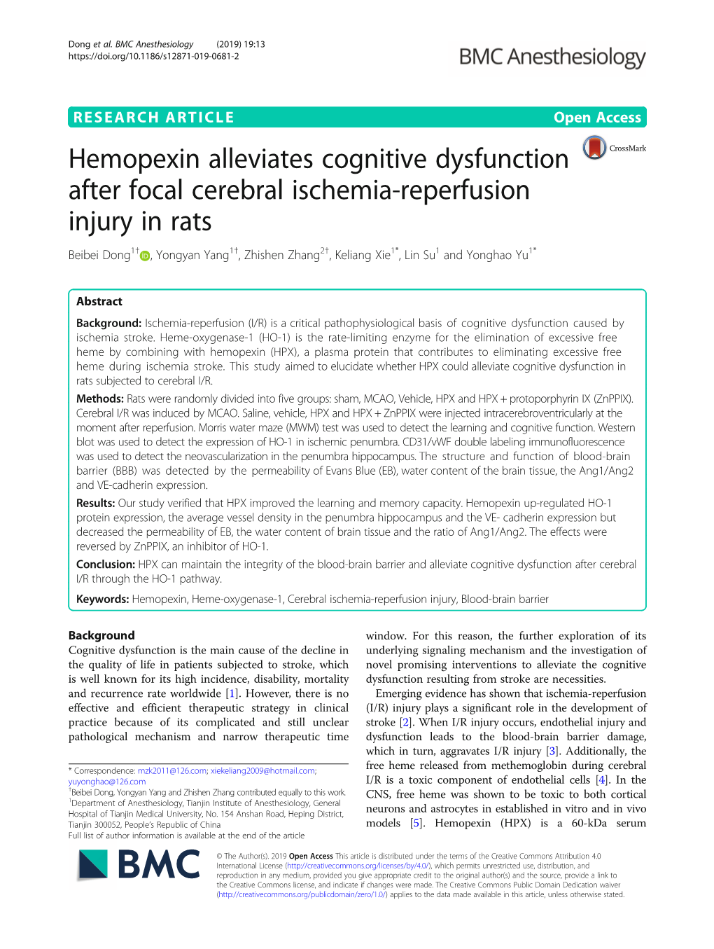 Hemopexin Alleviates Cognitive Dysfunction After Focal Cerebral