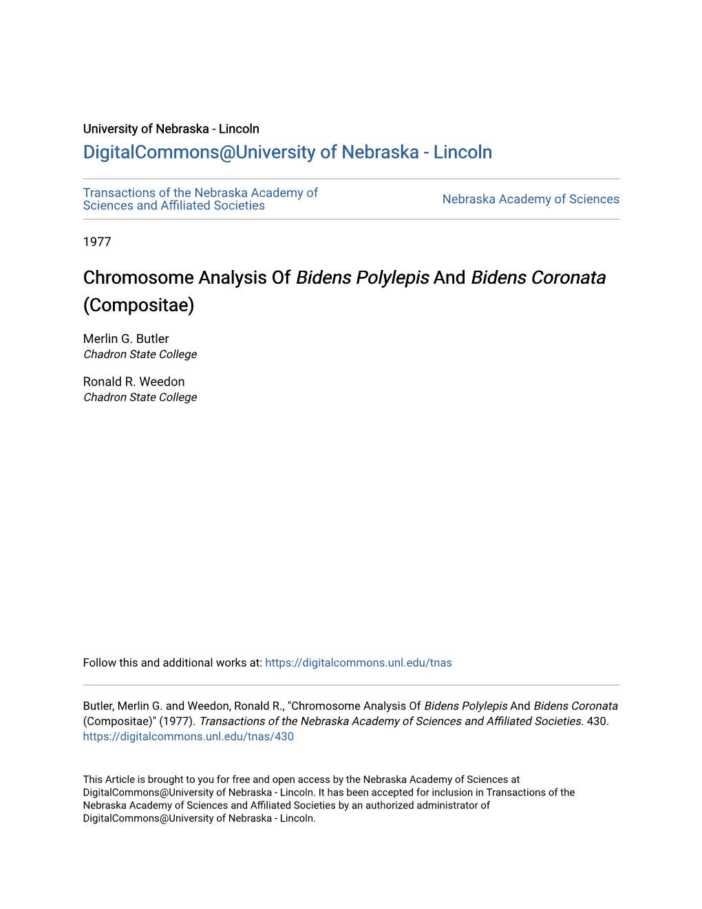 Chromosome Analysis of Bidens Polylepis and Bidens Coronata (Compositae)