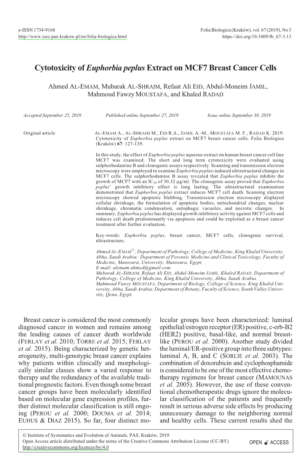 &lt;I&gt;Euphorbia Peplus&lt;/I&gt; Extract on MCF7 Breast Cancer Cells