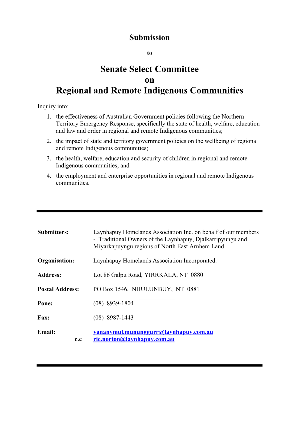 Senate Select Committee on Regional and Remote Indigenous Communities