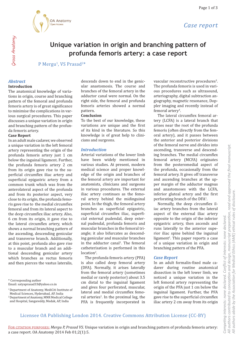 Case Report Unique Variation in Origin And