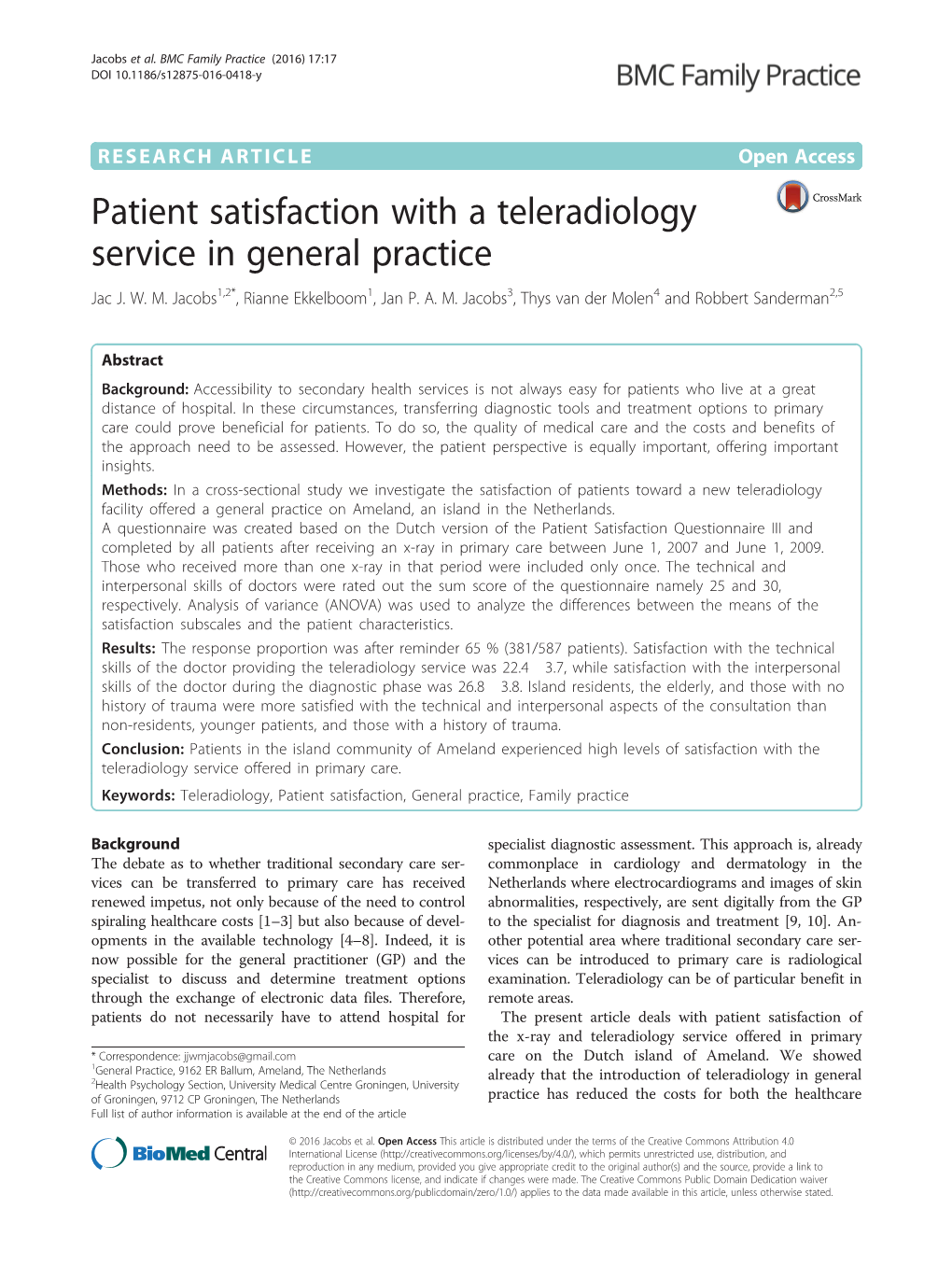 Patient Satisfaction with a Teleradiology Service in General Practice Jac J