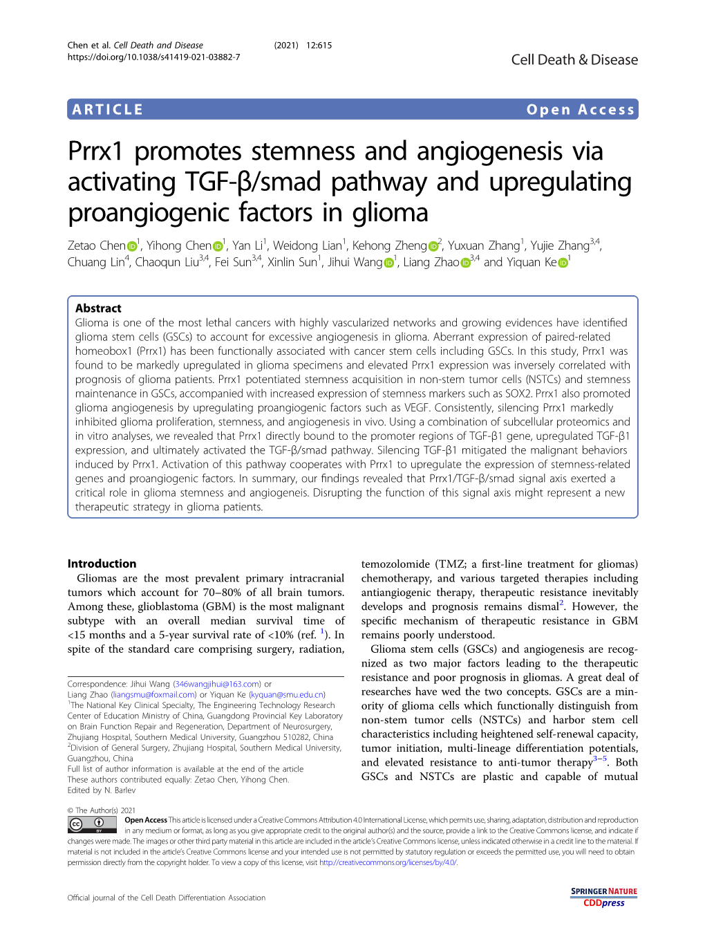 Prrx1 Promotes Stemness and Angiogenesis Via Activating TGF-Β