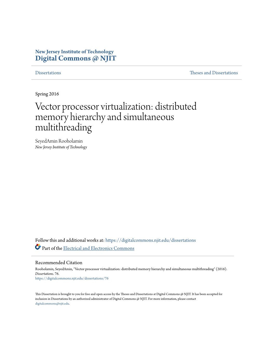 Distributed Memory Hierarchy and Simultaneous Multithreading Seyedamin Rooholamin New Jersey Institute of Technology