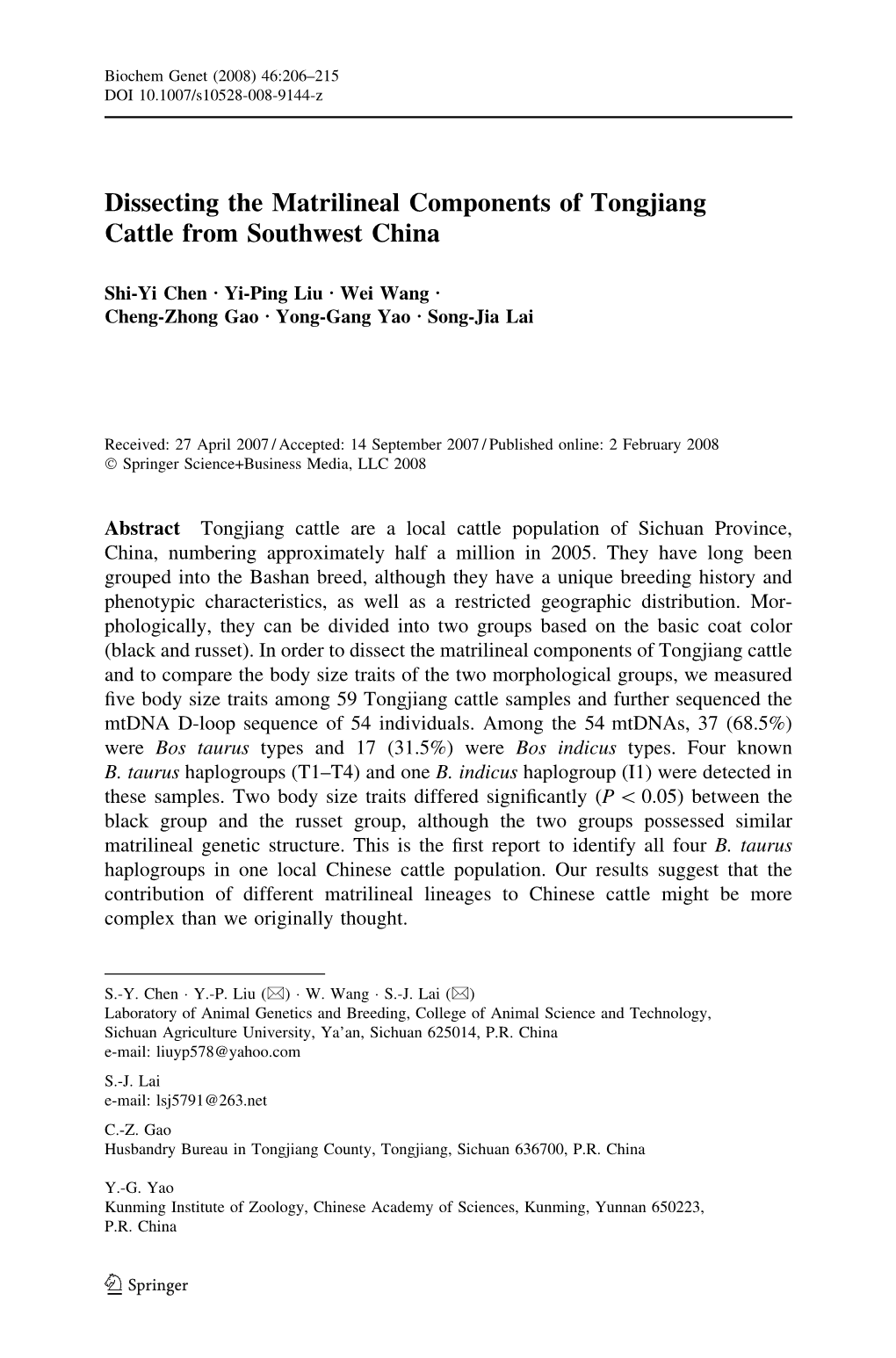 Dissecting the Matrilineal Components of Tongjiang Cattle from Southwest China