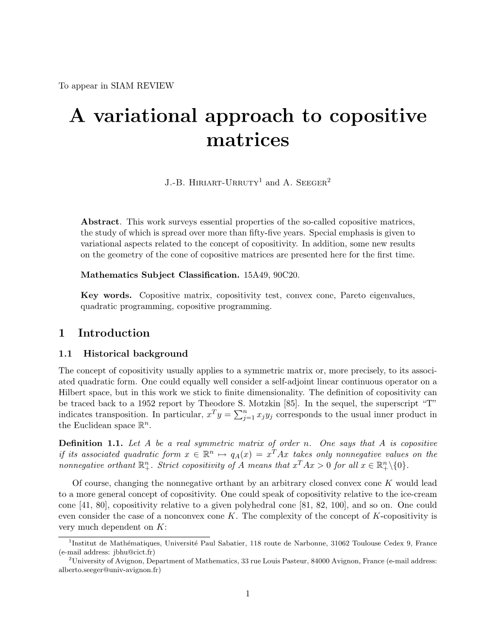 A Variational Approach to Copositive Matrices