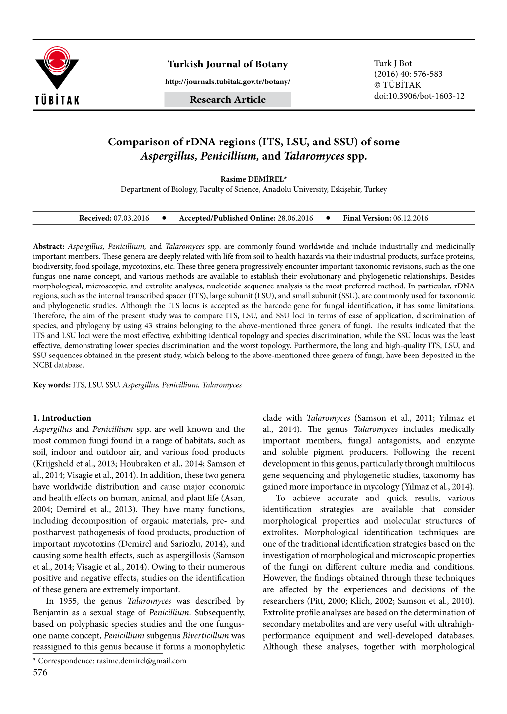 Comparison of Rdna Regions (ITS, LSU, and SSU) of Some Aspergillus, Penicillium, and Talaromyces Spp