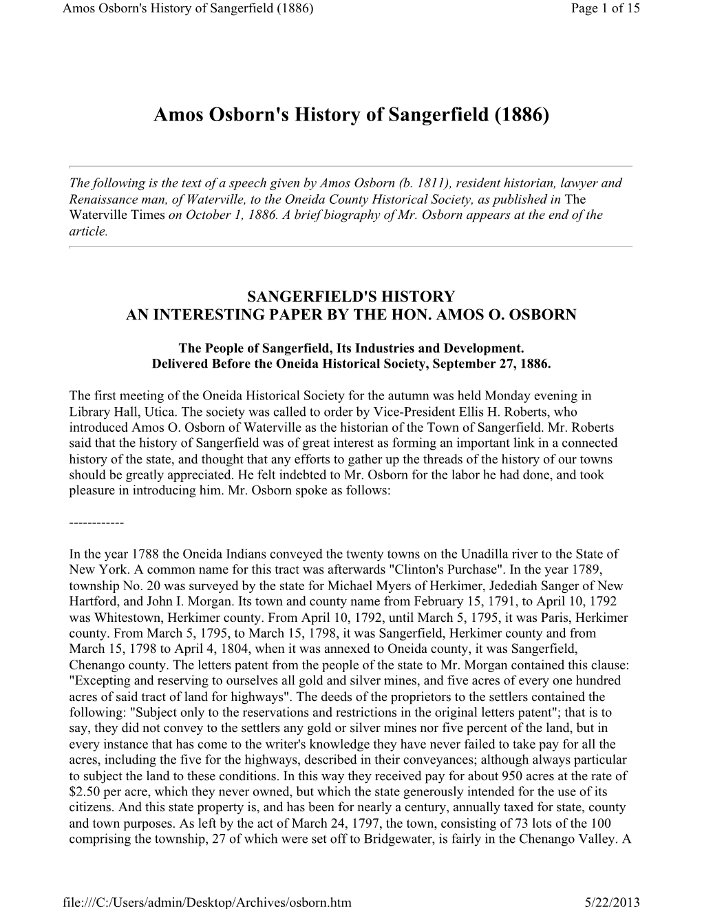 Amos Osborn's History of Sangerfield (1886) Page 1 of 15