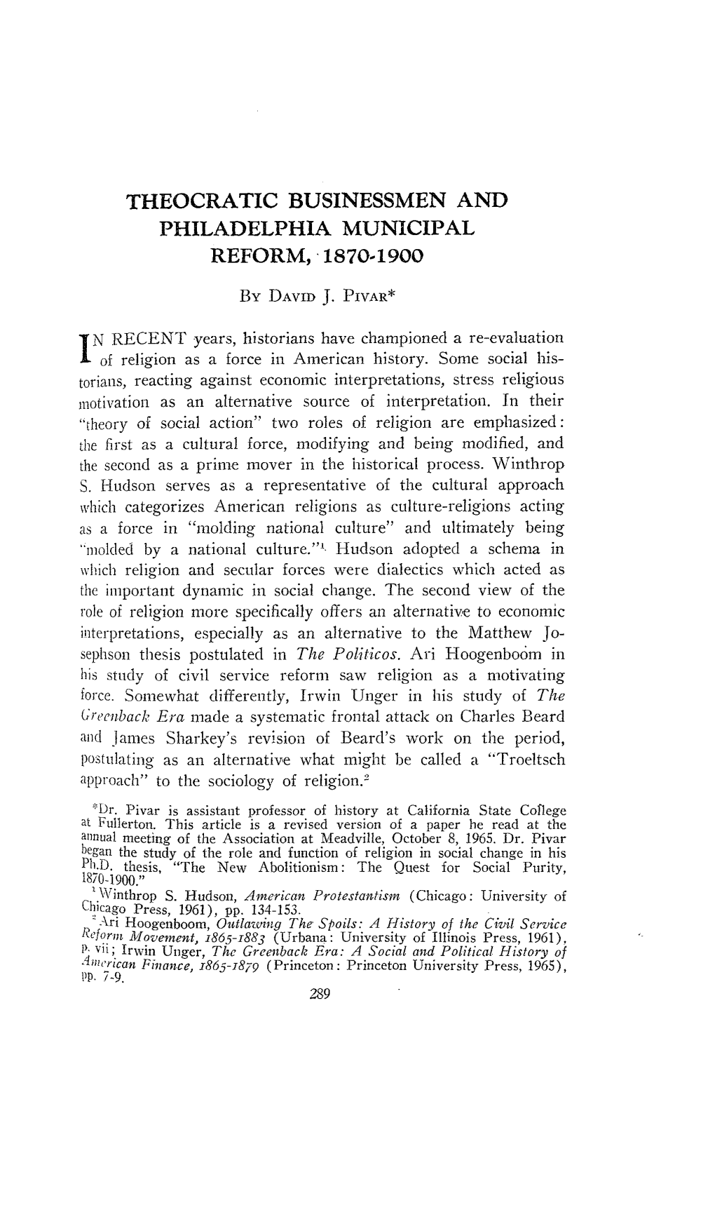 Theocratic Businessmen and Philadelphia Municipal Reform, 1870-1900