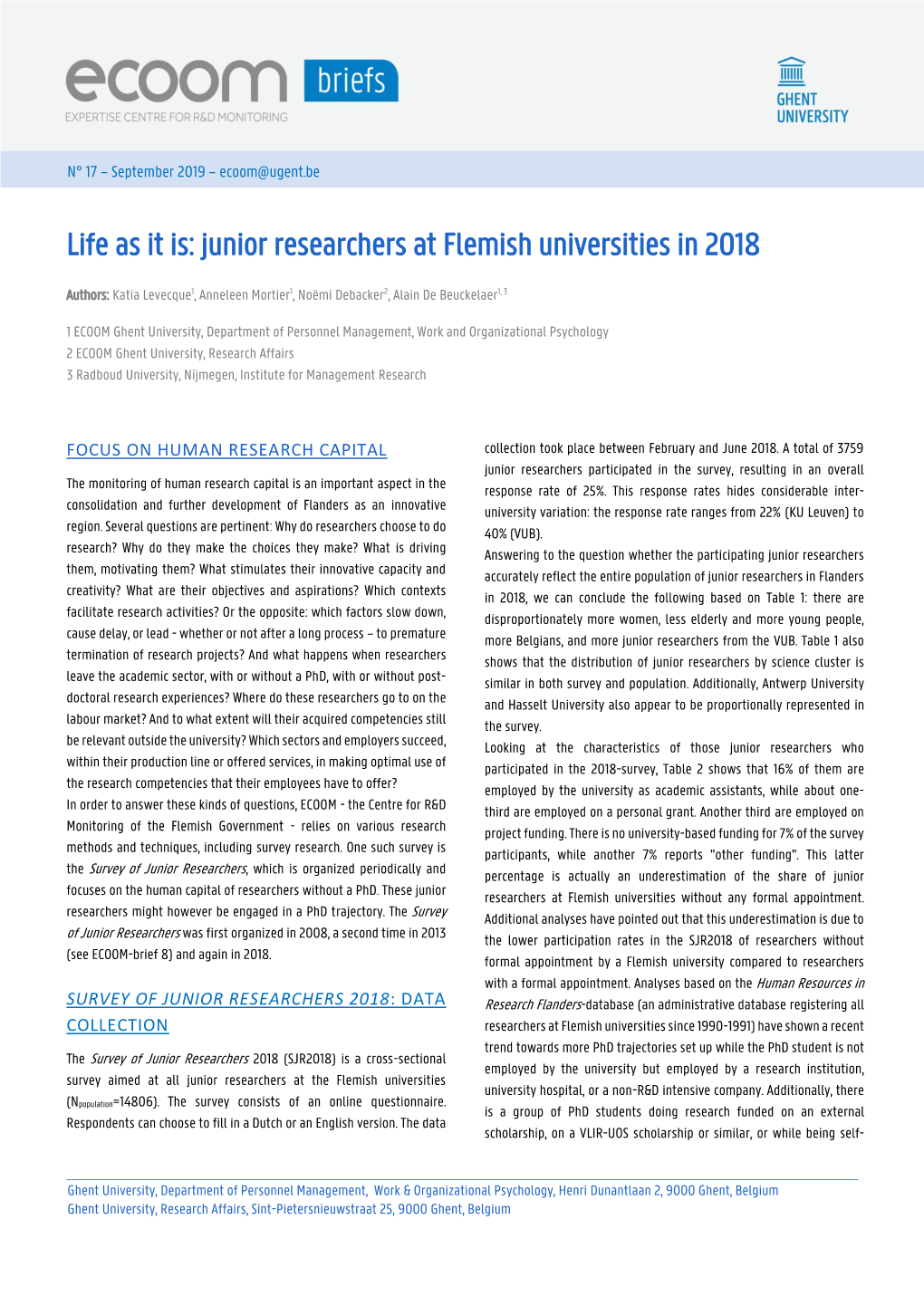 Life As It Is: Junior Researchers at Flemish Universities in 2018
