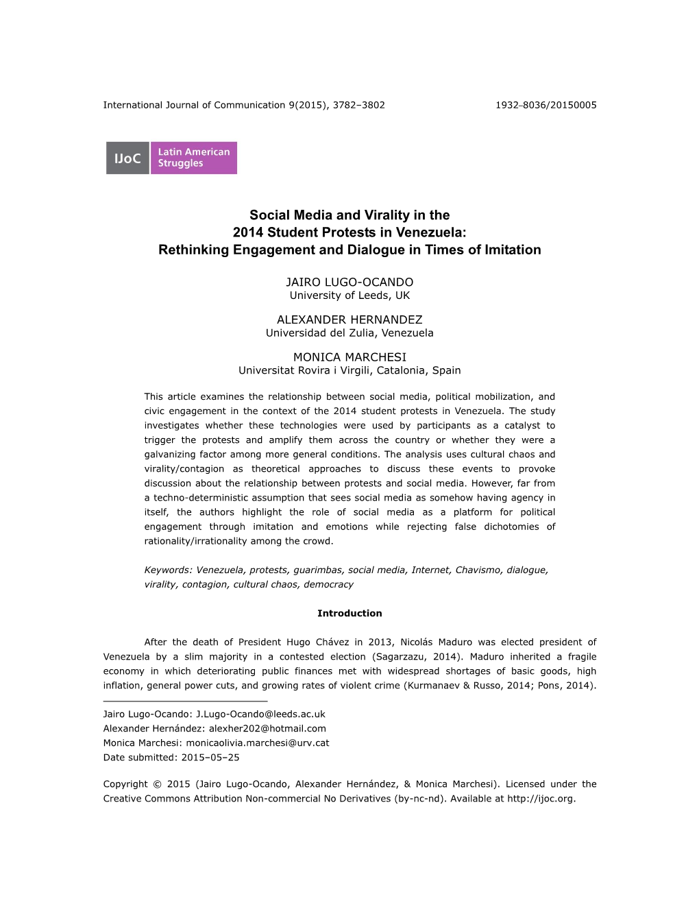 Social Media and Virality in the 2014 Student Protests in Venezuela: Rethinking Engagement and Dialogue in Times of Imitation