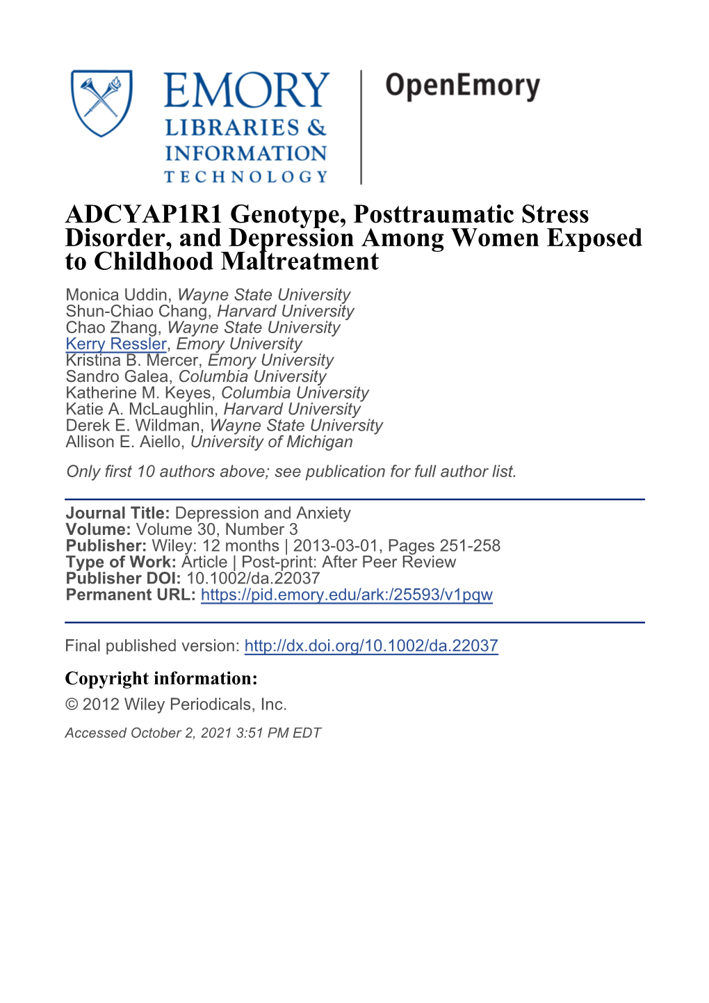 ADCYAP1R1 Genotype, Posttraumatic Stress