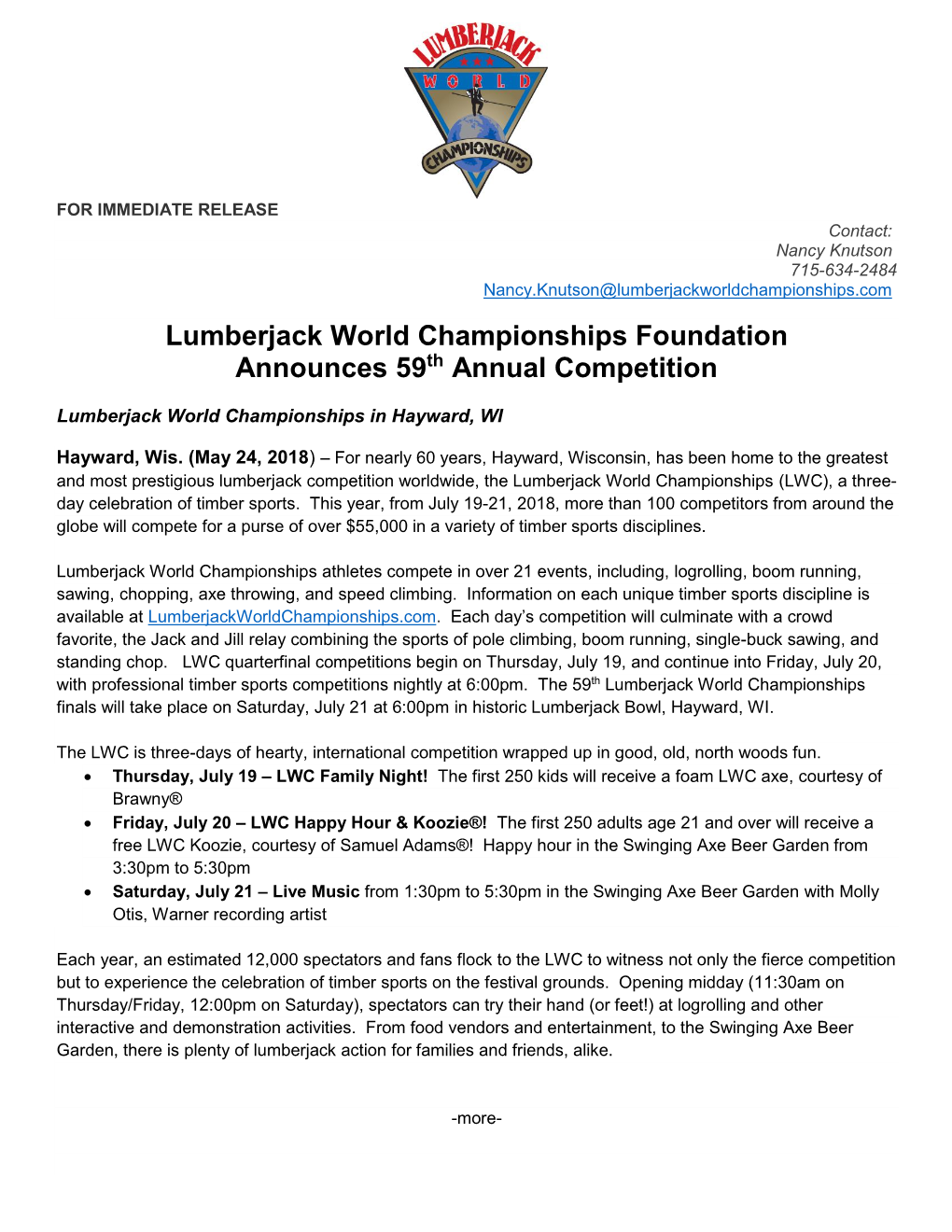 Lumberjack World Championships Foundation Announces 59Th Annual Competition