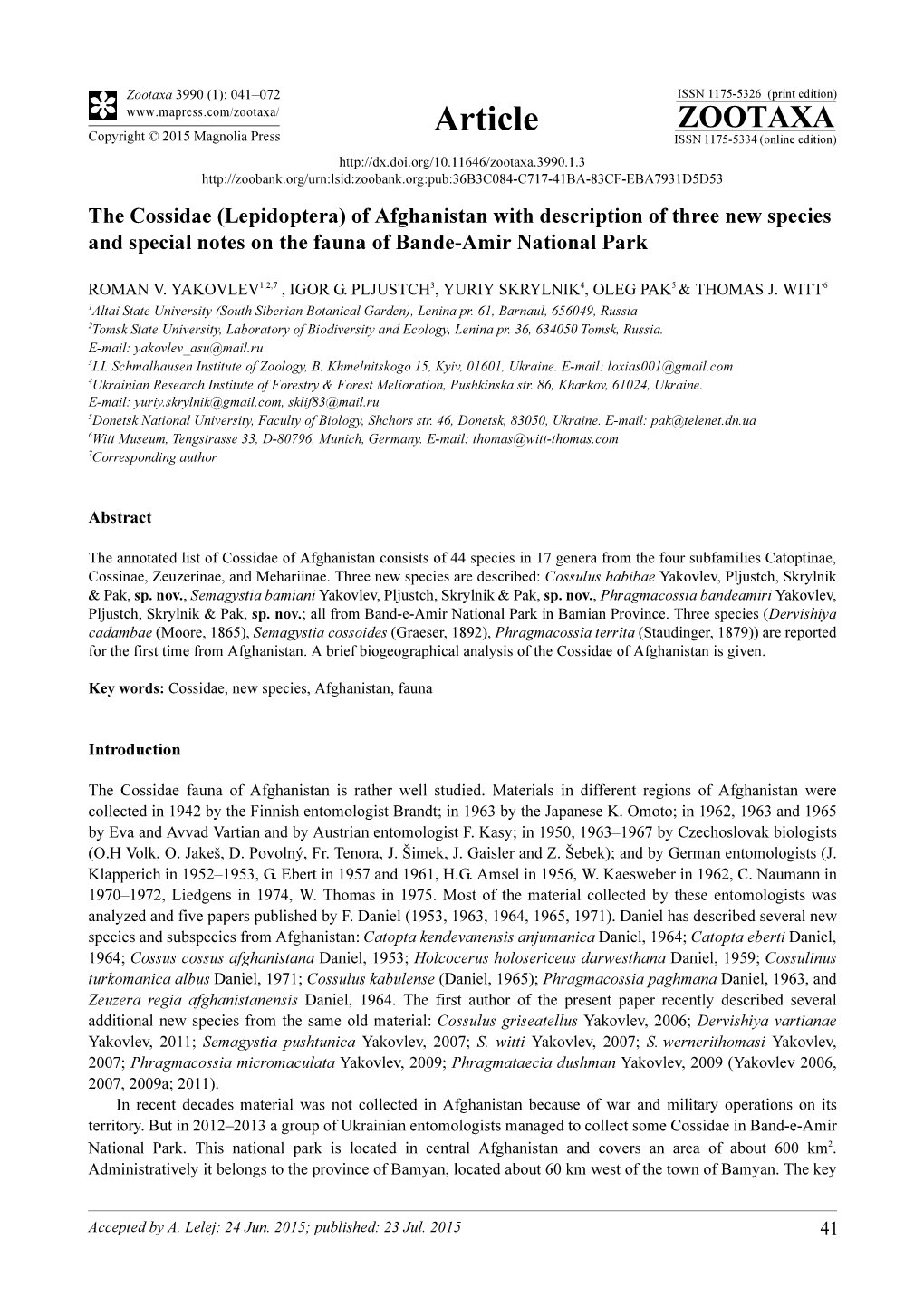 The Cossidae (Lepidoptera) of Afghanistan with Description of Three New Species and Special Notes on the Fauna of Bande-Amir National Park