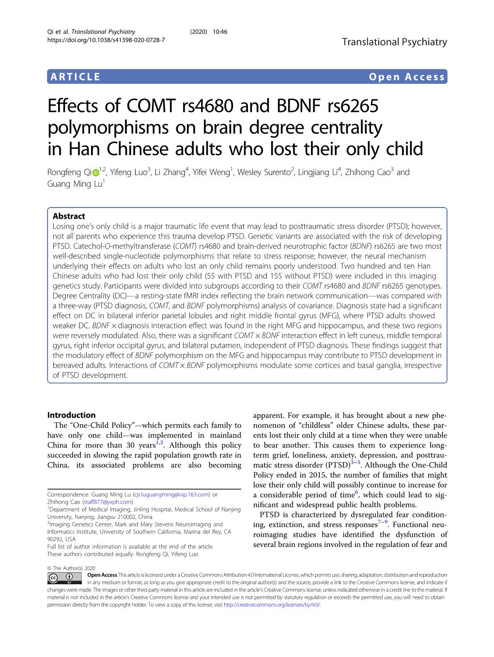 Effects of COMT Rs4680 and BDNF Rs6265 Polymorphisms on Brain Degree Centrality in Han Chinese Adults Who Lost Their Only Child