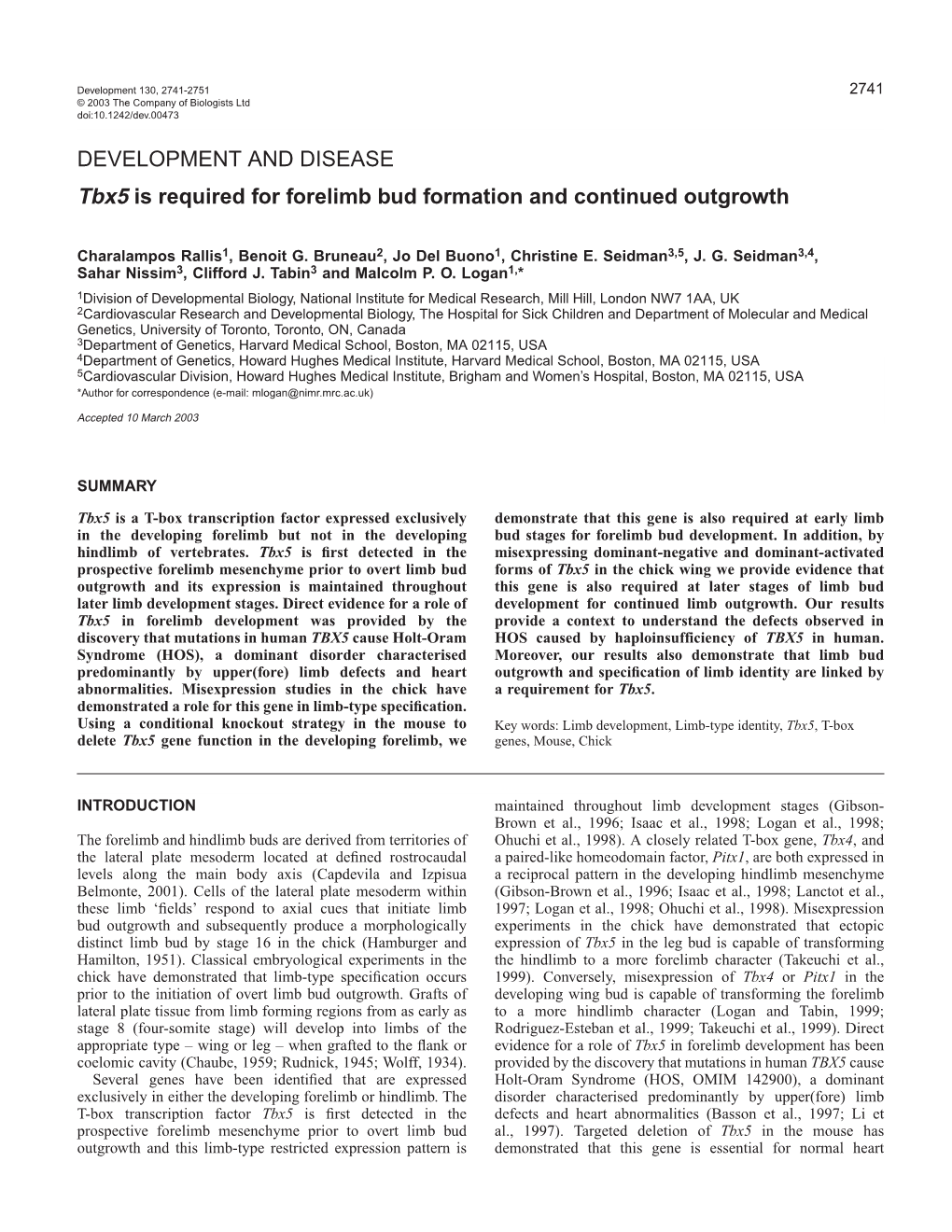 DEVELOPMENT and DISEASE Tbx5 Is Required for Forelimb Bud Formation and Continued Outgrowth