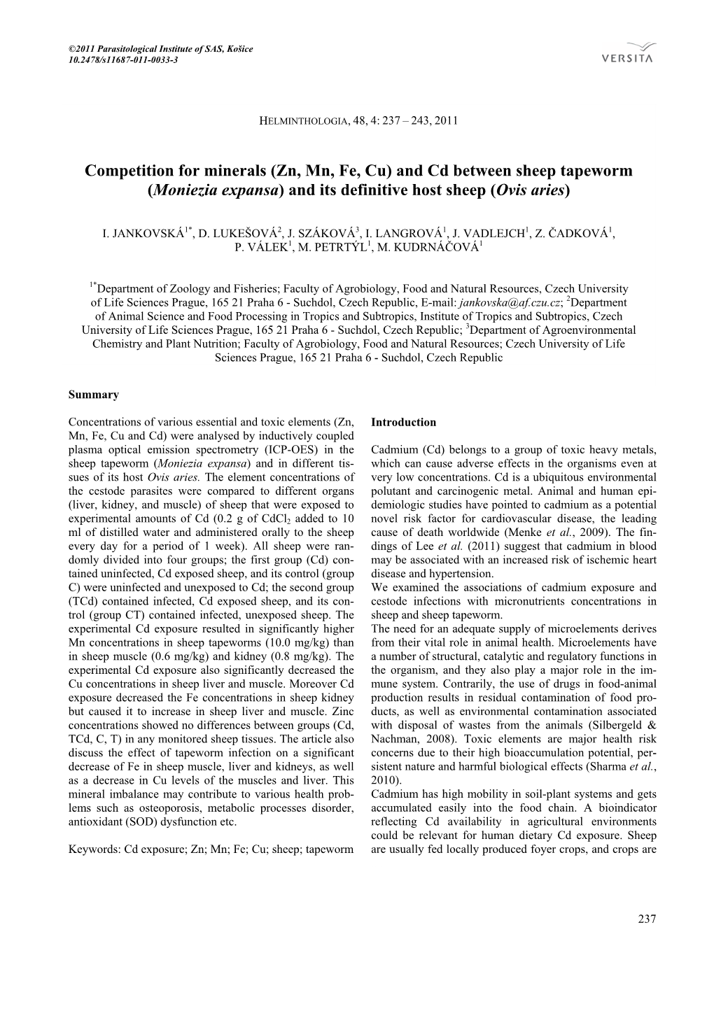 And Cd Between Sheep Tapeworm (Moniezia Expansa) and Its Definitive Host Sheep (Ovis Aries)