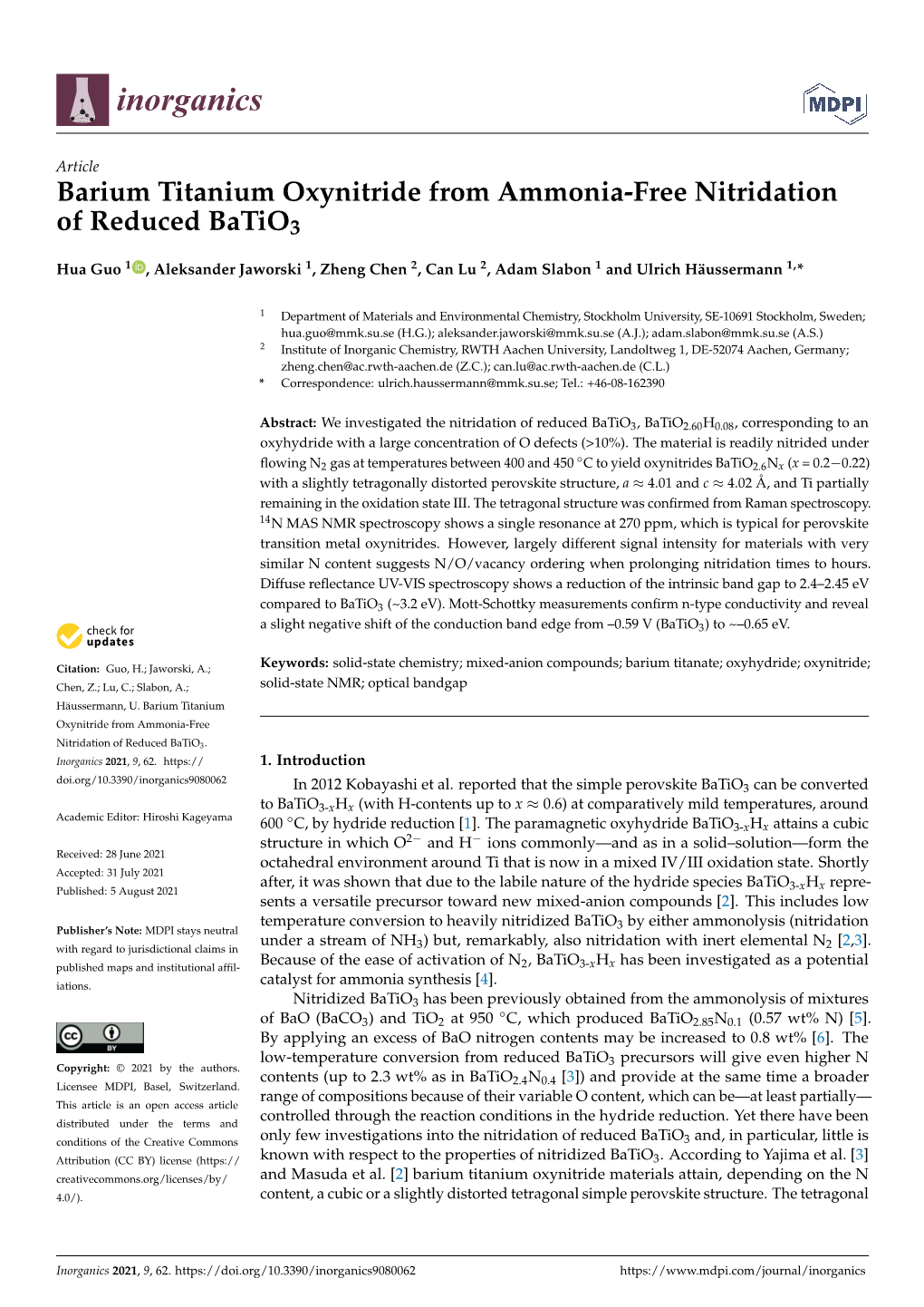 Barium Titanium Oxynitride from Ammonia-Free Nitridation of Reduced Batio3